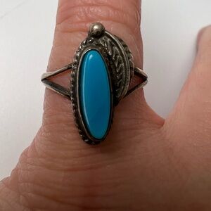 Long Oval Turquoise Sterling Silver 925 Ring with Feather, Size 7
